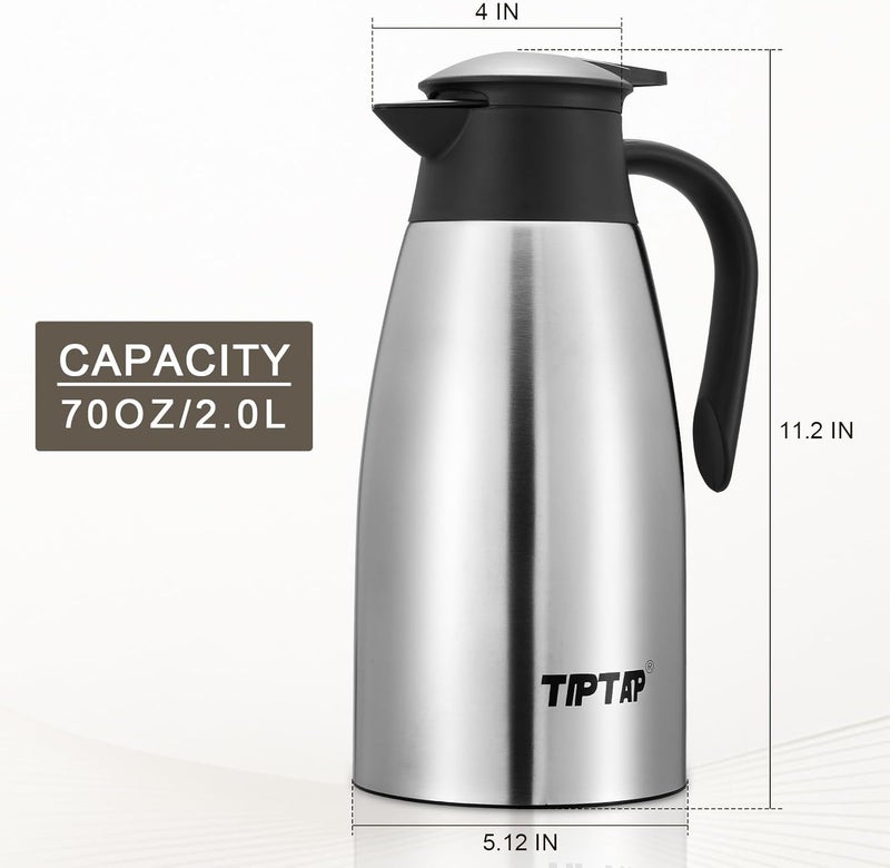 TIPTAP 70oz Thermal Coffee Carafe, Stainless Steel Insulated Vacuum Coffee Carafes For Keeping Hot and Cold, 2 Liter Beverage Dispenser - Image 2